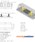 Diagram and specifications of Beefy ANL Fuse Holder With Two 200A Fuses, Heavy Duty Battery Wiring Accessory For 2/0 Gauge Cables.