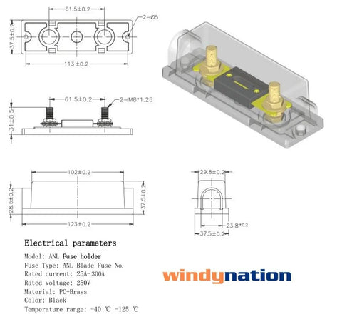 Diagram and specifications of Beefy ANL Fuse Holder With Two 200A Fuses, Heavy Duty Battery Wiring Accessory For 2/0 Gauge Cables.