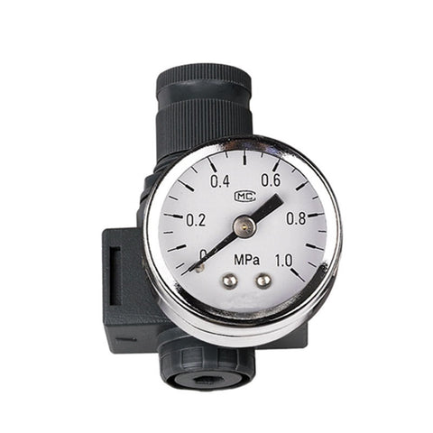 Top view of air regulator with gauge for FRL unit, pro grade, heavy duty, adjustable 0.05 to 0.85 MPa, black and chrome design.