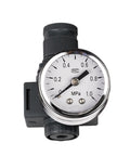 Close-up of air regulator with gauge for FRL filter system, black and silver, part of Air Regulator With Gauge FRL Filter System For Your Pneumatic Tools And Hoses 0.05 To 0.85 MPa Includes Filter, Regulator, Lubricator BR2000 B Type G1-4 Two Pack For One Quarter, Three Eighths, One Half Inch Ports.