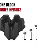 Indoor Bike Trainer Front Wheel Riser Block With Three Adjustable Heights, black color, shown with size measurements.