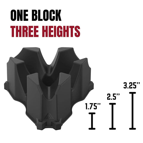 Indoor Bike Trainer Front Wheel Riser Block With Three Adjustable Heights, black color, shown with size measurements.