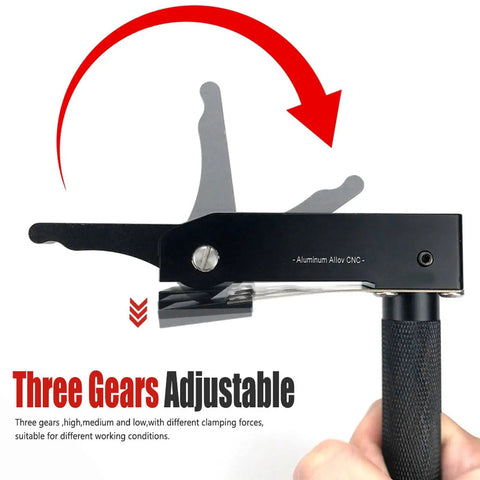 Desktop Quick Acting Holdfast Clamp Woodworking Bench Station With Hella Strong Grip Three Gear Locking System Router Hold Down Clip Solid Heavy Duty Build 20mm, showing adjustable three gear clamping mechanism.