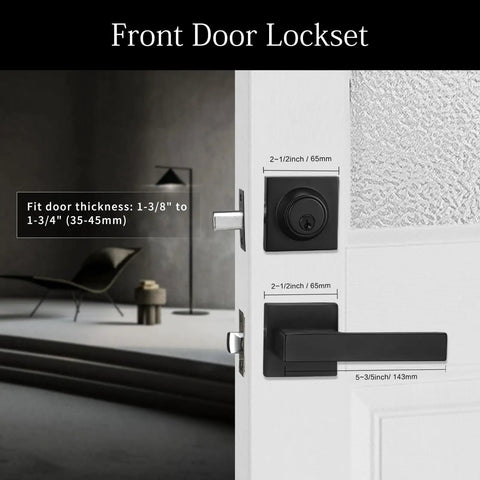 Matt Black Front Door Lockset with Keyed Deadbolt and Passage Lever, Square Rosette, Lengthened Handle Design.