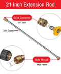 Pressure Washer Gun Kit With 26 Inch Hose, 16 Inch Extension Wand, Five Nozzle Tips, M22 15mm And M22 14mm Fittings, Handles Up To 4000 PSI Cold Water Machines, Durable Rubber Hose For Driveways, Siding, Decks And More, close-up of 21-inch extension rod with quick connector and male thread.