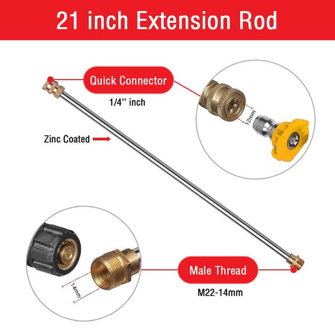 Pressure Washer Gun Kit With 26 Inch Hose, 16 Inch Extension Wand, Five Nozzle Tips, M22 15mm And M22 14mm Fittings, Handles Up To 4000 PSI Cold Water Machines, Durable Rubber Hose For Driveways, Siding, Decks And More, close-up of 21-inch extension rod with quick connector and male thread.