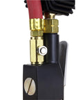 Close-up of the Compact Digital Tire Inflator With Gauge 255 PSI, Dual Head Chuck, showing brass fittings and part of hose.