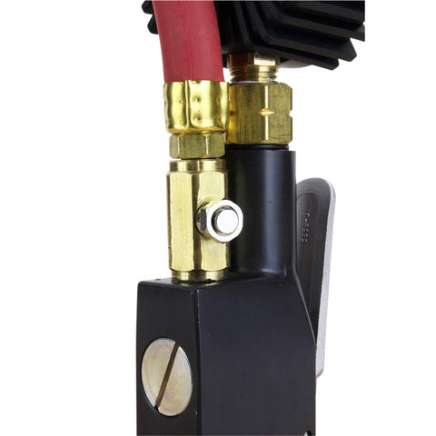 Close-up of the Compact Digital Tire Inflator With Gauge 255 PSI, Dual Head Chuck, showing brass fittings and part of hose.