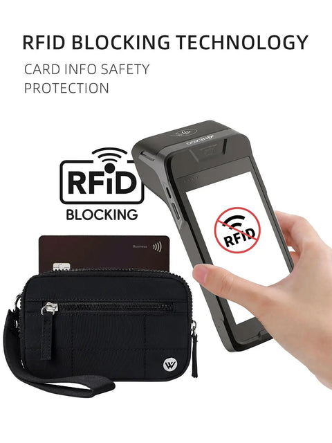 Women's Wristlet Wallet With RFID Blocking Quilted Nylon Phone Clutch And Zip Around Card Holder Purse Lightweight, shown with RFID reader