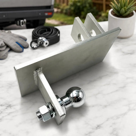 Heavy Duty Welded Hitch Coupler With Integrated Tow Ball For Secure Hookups Rock Solid Steel Build shown from side angle with bolt and plate.