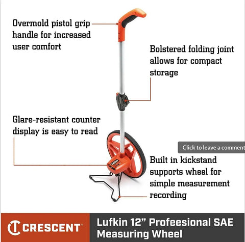 12 Inch Pro SAE Measuring Wheel With Centerline Wheel, Gear Based Counter, Foldable Joint, Easy Carry, by Crescent