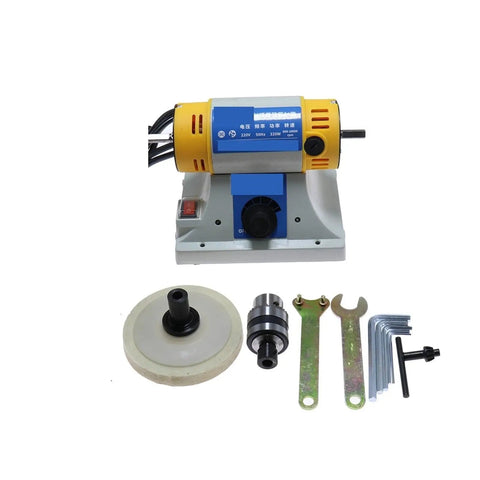 Slick 320W Desktop Bench Lathe And Polishing Machine With 10000 RPM Badass Motor Rock Solid For Diy Woodworking Jade Jewelry Cutting And Grinding Setup with accessories.