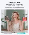 Next Level 4K USB Camera For PC With Plug And Play Setup showing a woman holding eyeshadow and blush palettes.