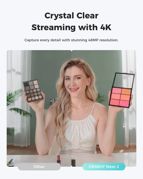 Next Level 4K USB Camera For PC With Plug And Play Setup showing a woman holding eyeshadow and blush palettes.