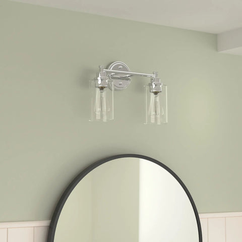 Sleek Modern Two Light Vanity Lights Over Mirror With Chrome Finish And Clear Glass Shades Contemporary Wall Sconce Model 4FYC56B-2W CH