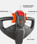 Heavy Duty Full Electric Walkie Pallet Stacker With Straddle Legs control panel with buttons for lifting, lowering, and emergency stop.