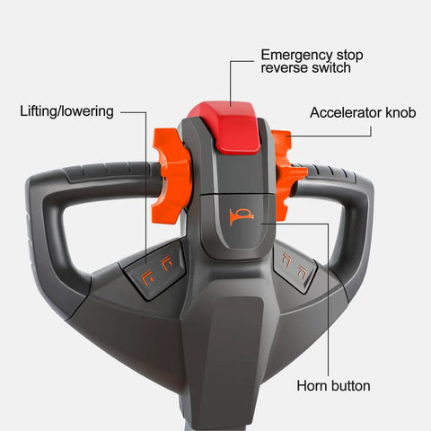 Heavy Duty Full Electric Walkie Pallet Stacker With Straddle Legs control panel with buttons for lifting, lowering, and emergency stop.