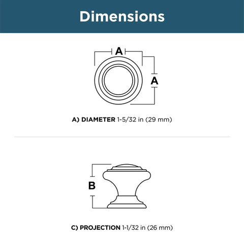 Dimensions diagram of 10-Pack Satin Nickel Cabinet Knobs Set One And One Eighth Inch Round With Simple Double Ring