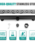 Components of 32 Inch Matte Black Linear Shower Drain With Removable Brick Pattern Grate, Rectangle Floor Drain In 304 Stainless Steel, Adjustable Feet, Hair Strainer, 2 Inch Central Outlet, Easy Clean displayed with features.