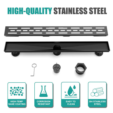 36 Inch Linear Shower Drain with Rectangular Brick Pattern Grate in Matte Black Dope Finish, shown with parts and features