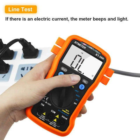 Hand using BT-39K Digital Multimeter With Case Pro Grade 4000 Count Volt Ohm Amp Tester on power strip