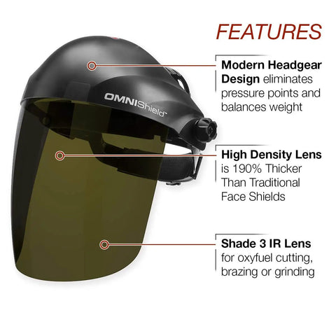 OmniShield Professional Face Shield With Shade 3 IR Lens, Premium Headgear, High Impact Polycarbonate Shield For Welding