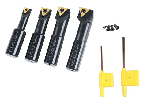 Beefy Pro Grade 4 Piece Stubby Length Indexable Boring Bar Set With Carbide TiN Coated TCMT Inserts And Spare Screws 3/4-Inch Shanks