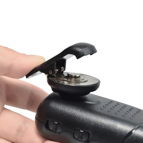 Close-up of Round Knob Microphone Hanger Mount With Back Clip For CB Radios, showing open clip and round base.