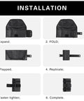 Bike Saddle Bag With Roll Tool Pouch installation steps showing expansion, folding, and fastening sequence in black color