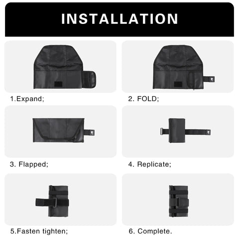 Bike Saddle Bag With Roll Tool Pouch installation steps showing expansion, folding, and fastening sequence in black color