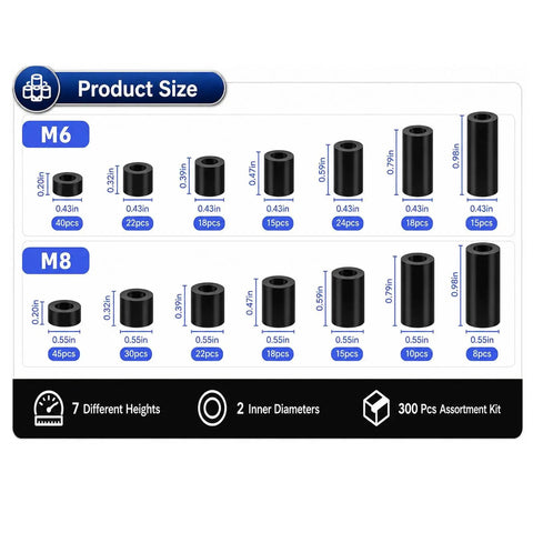 M6 And M8 Nylon Spacers Kit 300 Pieces Black Round Standoff Spacers For PCB Board Electronics DIY Mounting Hardware, size chart