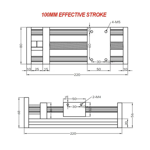 Technical drawing of CNC Sliding Stage For Z Axis With 50 To 500mm Travel, 12mm Linear Rail, SFU1204 Ball Screw, Nema23 Motor Ready