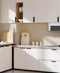 Modern kitchen with 5 Pack Adhesive Edge Finger Pulls for Cabinets, black finish aluminum alloy, no drilling required, 3.15 inch length.
