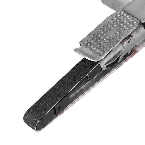 Kp 698 Pneumatic Air Belt Sander With Telescopic Switch, close-up of metal clip and 2-inch abrasive belt for wood and metal polishing.