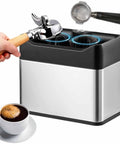 Electric Portafilter Cleaner And Knock Box Offers Hella Easy Cleanup For Home Baristas Quick Grounds Removal Covers 51mm And 58mm Ports, stainless steel.