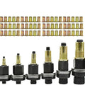 Heavy Duty Head Rivet Nut Tool Kit With Six Different Plier Sizes And Sixty Press-in Nuts For Fastening Auto Panels, Metal Brackets, And DIY Projects That Actually Hold Up And Look Clean. Six steel rivet nuts shown in varied sizes with 60 inserts.