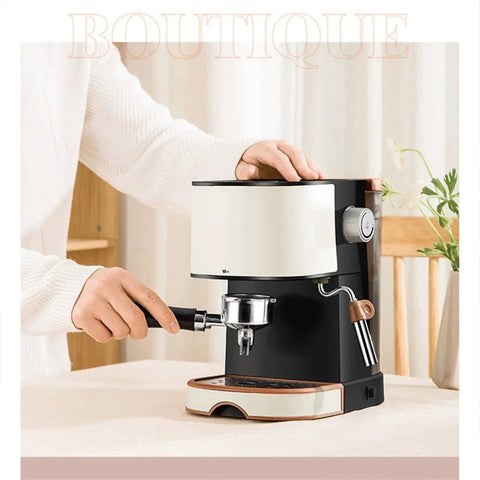 Quiet Compact Electric Coffee Machine Automatic Espresso Maker With Milk Frother, user operating espresso portafilter.