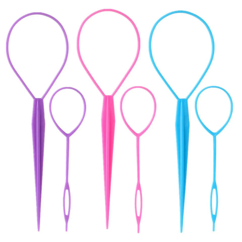 Six Piece Topsy Tail and Hair Loop Styling Tool Set for Ponytail Makers, French Braid Loops, and Pull Through Tools for Durable, Reboundable Hair Accessories in Pink, Blue, Purple for Women and Girls, plastic loops