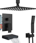 Matte Black Rain Shower System With Waterfall Tub Spout And 10 Inch Square Ceiling Mounted Rainfall Head, Handheld Spray, Rough-In Valve And Trim Included