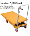 Badass Hydraulic Lift Table Cart With Slick Smooth Operation And Seriously Hefty 770 Pound Capacity For Garage Projects, steel platform and handle.