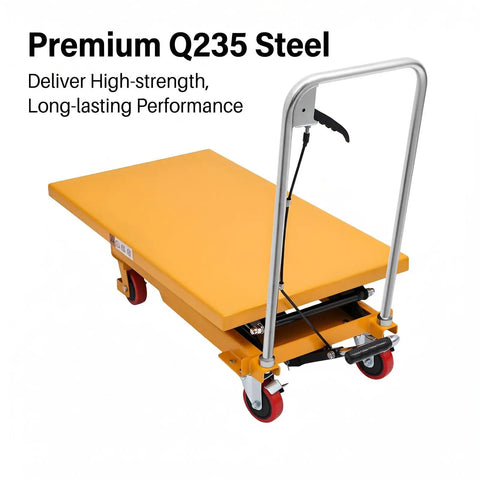 Badass Hydraulic Lift Table Cart With Slick Smooth Operation And Seriously Hefty 770 Pound Capacity For Garage Projects, steel platform and handle.