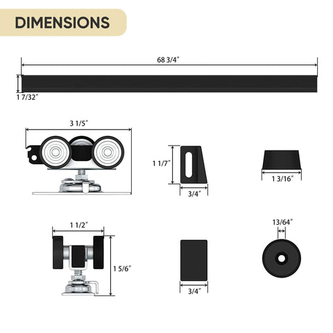 Dimensions diagram of Six Foot Pocket Door Kit With Commercial Grade Sliding Hardware, aluminum box track, black finish, 68.75 inches long.