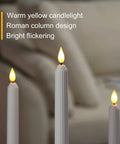 Flameless Flickering LED Taper Candles 7 Inch Ivory Plastic Roman Column with warm glow, showcasing Roman column design in living room.