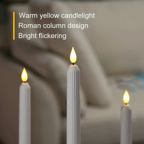 Flameless Flickering LED Taper Candles 7 Inch Ivory Plastic Roman Column with warm glow, showcasing Roman column design in living room.