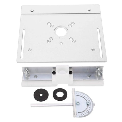 Heavy Duty Aluminum Router Table Insert Plate For Woodworking Benches Rock Solid Flip Base No Sweat Installation Knockout Performance Silver workshop insert with scales and mounting hardware.