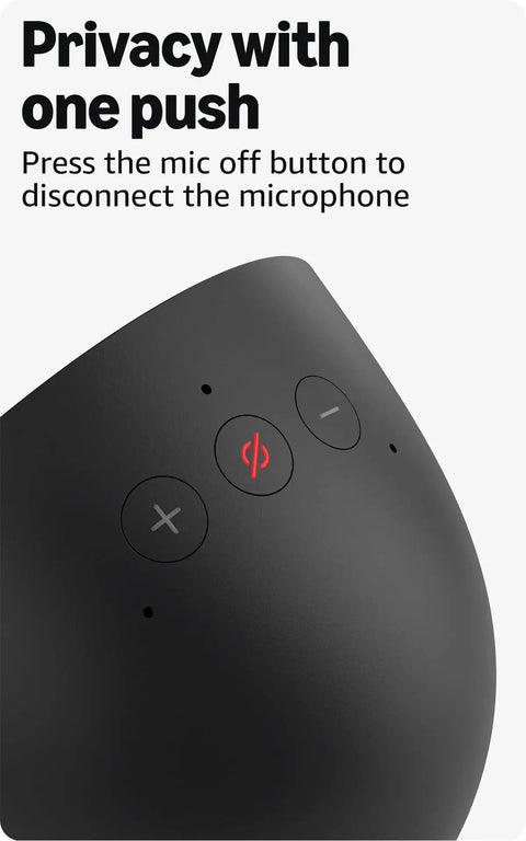 Close-up of Dope Wireless Smart Alarm Clock With Sleek Build And Thumping Bass Solid For Nightstands Or Kitchens Checks Weather Streams Tracks Manages Connected Devices Glossy Black microphone button.