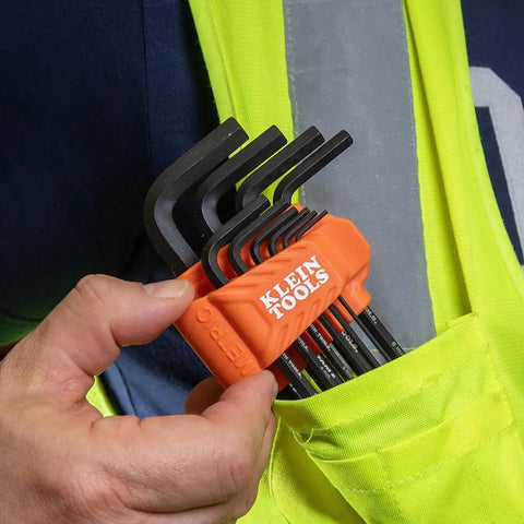 Heavy Duty 22 Piece Long Hex Key Set SAE And Metric Heat Treated L Style Allen Wrenches in bright yellow vest pocket