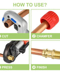 Propress copper pipe installation guide showing cut, chamfer, press, finish steps with brass adapter and crimping tool