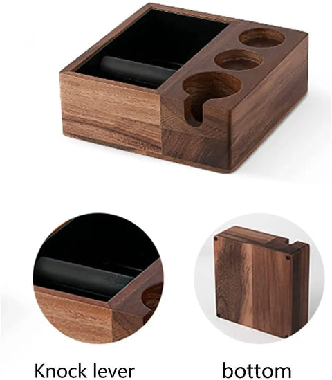Top Shelf Wooden Espresso Knock Box Built Hella Tough With Cushioned Silicone Retrieval Bar To Smoothly Catch Spent Coffee Grounds Effortlessly Elevating Your Daily Morning Brew Routine Or Shop Station Setup, showcasing the storage bin and knock lever.