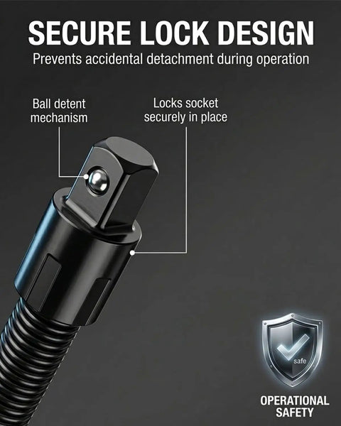 Flexible Shaft Extension 360 Degree Rod for Impact Sockets with secure lock design and ball detent mechanism.